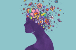 Illustration of a women with lots of colourful flowers instead of hair.